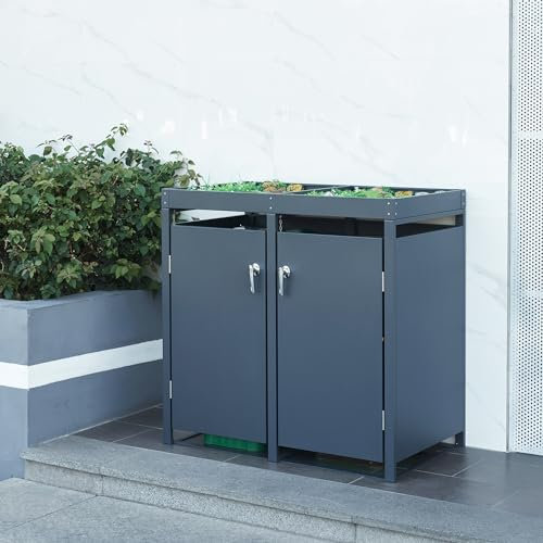 [en.casa] Mülltonnenbox Valkeakoski Mülltonnenverkleidung mit Pflanzdach Müllbox aus Stahl abschließbarer Container für 2 Tonnen 2x120L Anthrazit 110x115x62cm