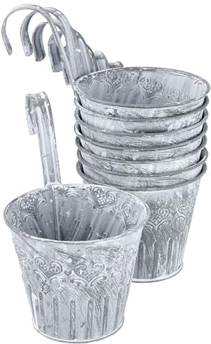 SEUNMUK 8 st grå hängande växtkrukor, 11,5 x 9,5 cm hängande blomhinkar i metall med fästande hängande krokar, vintage blomkruka för staket, trädgård, gårdsdekor