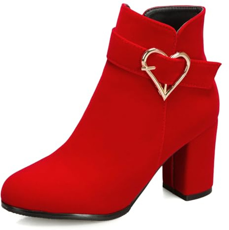 OALEEN Bottines Boots Femme Hiver Talon Haut Carré Bloc Bout Rond Coeur Métal Effet Suède Velours Soirée Chaussures Rouge 37