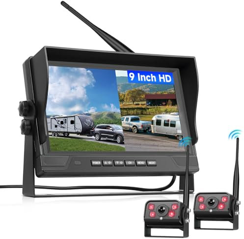 VECHTEL Kit Telecamera Posteriore IPS HD 9 Pollici senza Fili con 2 Telecamera, BSD/DVR, Telecamera Retromarcia Auto Wireless Impermeabile IP68 con Visione Notturna per Camion, Camper, Furgoni