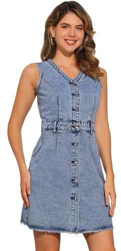 Allegra K Vestidos de mezclilla casuales para mujer 2025 con botones y cuello en V, mini vestido de trabajo a la moda