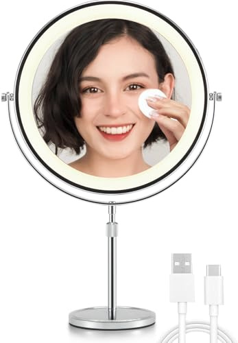 OMIRO Magnifying Mirror with Light 10X/1X-360° Flip Dual Side, 10 Makeup Mirror with Light, Touch Adjustable 3-Color Lights, Detachable & Rechargeable for Bathroom Vanity, Travel (Silver)