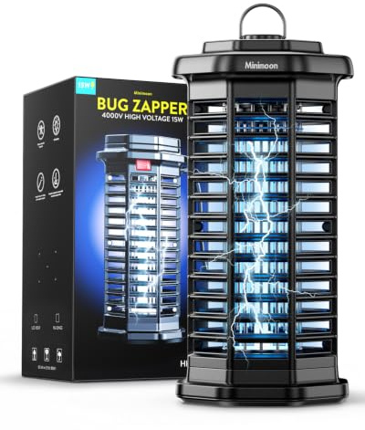 Minimoon insektsdödare utomhus 4 000 V kraftfull elektrisk myggborttagare, 15 W flugfälla utomhus, IPX4, flugfångare med sladd för inomhus, gård, trädgård, uteplats, camping (svart)