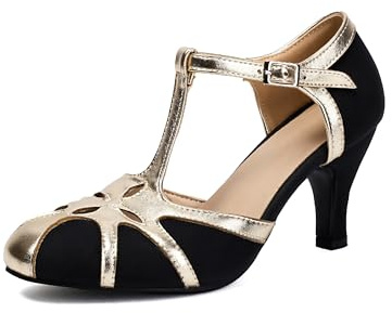 elerhythm Scarpe da donna Mary Jane Rockability Tear Cut Close con punta tonda, vintage anni 1950 Gatsby, tacco vintage anni 1920, pumps vittoriane, Nero , 41 EU