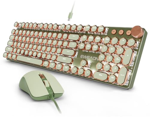 Wired Typewriter Keyboard and Mouse Combo, White Backlit, Soft Clack, Green