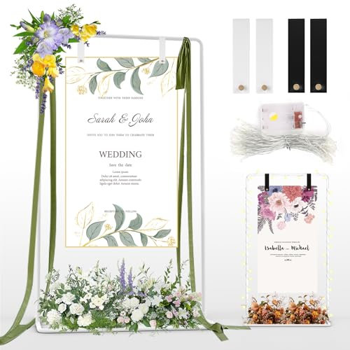Support de panneau bienvenue mariage de 1,7M chevalet mariage réglable, avec guirlande lumineuse de 6M et 4 sangles en cuir, chevalet robuste pour la décoration, les affiches et les fêtes (blanc)