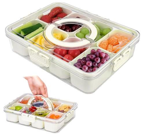 Yoodriy Caja de Aperitivos con 8 Compartimentos, Bandeja Dividida con Tapa y Asa, Contenedor Portátil y Reutilizable para Frutas, Galletas, Dulces y Frutos Secos, Ideal para Fiestas, Viajes