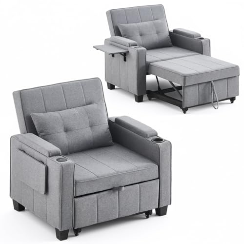 TUKAILAI 3-in-1 Schlafsofa mit Bettfunktion, Schlafsessel mit Verstellbarer Rückenlehne, Bettkasten Armlehne, Getränkehalter, Einzel-Sofabett für Gäste, Kleine Zimmer & Wohnung (Leinengewebe, Grau)
