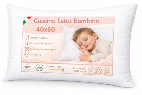 The Double Twenty Cuscino Lettino Bambino 40x60 Regolabile, Morbido e Traspirante, Anallergico e Antiacaro, Federa in Cotone Percalle Certificato OEKO-TEX, Lavabile, 2-6 Anni, Made in Italy