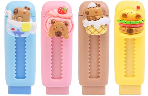 Hyleara 4 stycken Capybara infällbart suddgummi barn, push-pull gummi suddgummi för pennor, söt Capybara skrivmaterialset, suddgummiset för skolor kontor present barnfödelsedag