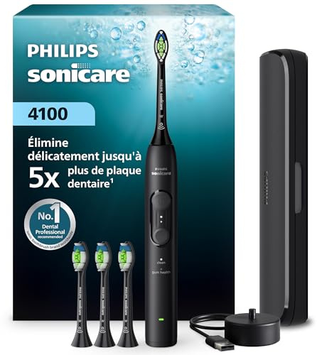 Philips Sonicare 4100 Series – elektrisk tandborste med Pressure Sensor, 4 borstinställningar, EasyStart-funktion, SmarTimer, 21 dagars batteritid, resefodral, svart, modell HX4046/52, [Ny]