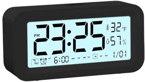 AURIVEE® Despertador Digital con Temperatura y Humedad – Reloj de Mesa con 3 Alarmas, Sensor de Luz, Alarma Progresiva, Silencioso, para Dormitorio (Negro)