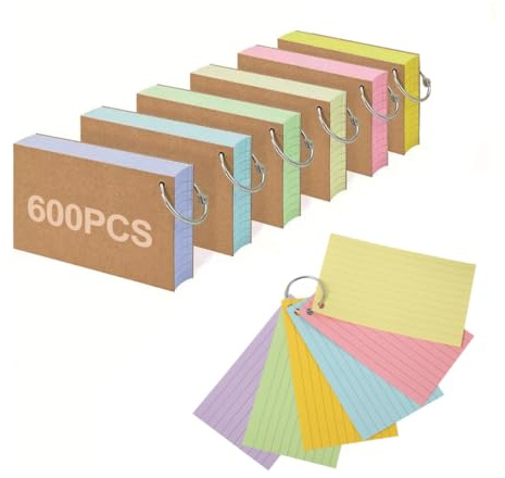 600 PCS Flash Cards, A7(12.7x7.6cm) Ruled Index Cards Revision Card with 6 Binder Rings, Kraft Paper Notecards Lined Index Card, for Study Office NotePads School Learning Memo