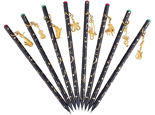 PUNK Artist Pencil Music Note Pre-Sharpened Pencils Charcoal Pencil with Diamond Top & Beautiful Musical Instruments Gold Plated Pendant(8 Pcs)