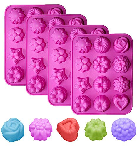 4PCS 12 Mulden Silikon Blume Seife Form Muffinform Kuchen Brot Form Silikon Puddingform Blumen Kuchenformen Schokolade Jelly Candy Backform–Pink