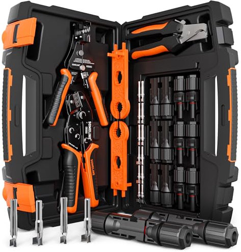 SOMELINE Solarstecker Crimpzange Set für 2.5/4/6mm² Solarkabel, 6 Paar Male Female Solarpanel Kabelstecker + Crimpzange + Abisolierzange + Kabelschneider + Schraubenschlüssel + Werkzeugkasten