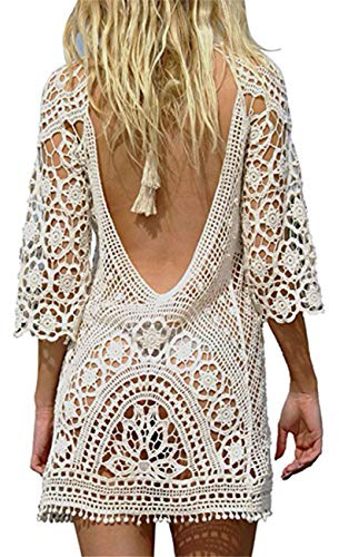 YouKD Dam, hålstickad tunika, virkade toppar, strandponcho, sommar, strand, cover up-klänning, Beige, One Size Stor