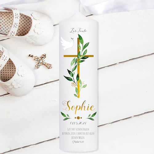 Wandtattoo Loft Taufkerze Mädchen oder Junge mit Taufspruch, Motiv Taube und Jesuskreuz, 25cm x 7cm, personalisierte Kerze, bedruckte Kerze zur Taufe, Stumpenkerze, Geburtskerze, Taufgeschenk
