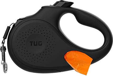 TUG Oval 360° Tangle-Free Retractable Dog Leash with Integrated Waste Bag Dispenser (Large, Black)