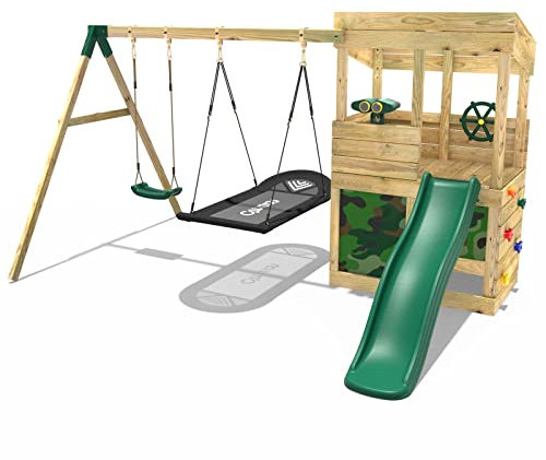 Rebo® Wooden Lookout Tower Playhouse with 6ft Slide - Yosemite | OutdoorToys | Kids' Outdoor Wooden, Weather Resistant, Climbing Wall, either Binoculars or Telescope & Steering Wheel