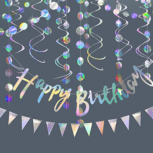 Happy Birthday Girlande Irisierende Gburtstag Deko Folie Silber Wimpelkette Schillernd Circle Banner Metallic Spiralen Luftschlangen Holografisch Geburtstagsdeko Iridescent Party Dekoration
