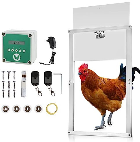 Ansobea Automatische Hühnerklappe Türöffner Hühnerstall Automatisch Hühnertür Set mit LED Display Hühnerklappe Netzbetrieb oder Batterie Mit 2 Fernbedienungen,Lichtsensor, Zeitschaltung