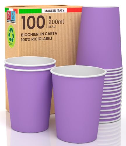 100 vasos de papel de 200 ml, ecológicos, biodegradables, desechables, fabricados en Italia, para llevar bebidas calientes y agua de colores lila. Producto fabricado y envasado en Italia
