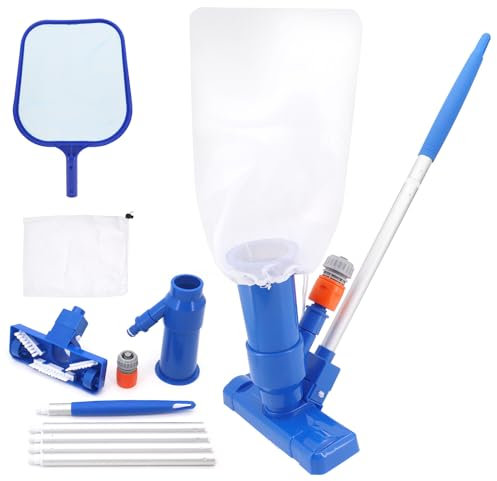 Seahelms Aspirador de suelo para piscina, kit de limpieza de piscina portátil con cabezal de vacío con bolsa de red de pesca para la limpieza de fuentes de estanque de piscinas, hojas, encrespamiento