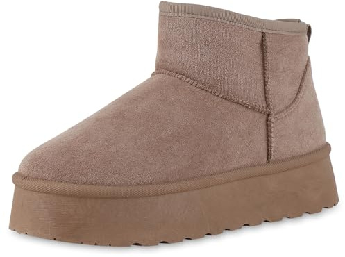 VAN HILL Damen Winter Boots Plateau Profilsohle Bequem Schuhe 214171 Taupe 39