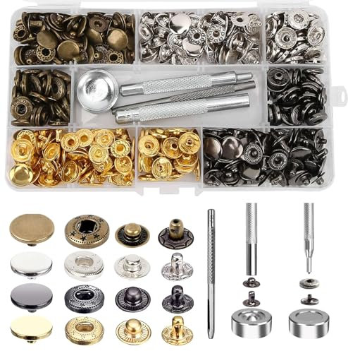 SPOKKI 212Pcs Accessoires et Outils pour Bouton Pression de 4 Couleurs, 12.5mm Bouton Pression Cuir Metal Sans Couture pour Vêtements en Cuir, Vestes, Jeans, Vêtement Bricolage
