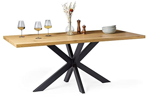 VonHaus Dining Table - 6 Seater Kitchen Table for Dining Room - Rectangular Light Wood Effect Dinner Tabletop for 6 People - Industrial Design with Black Cross Leg Base - W150cm x D85cm - Abel