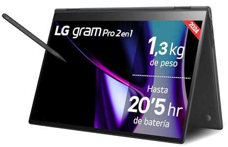 LG gram Pro 2 en 1 16T90SP-K.AA75B - Portátil Ultraligero de 40.6 cm (16) 2880x1800, Panel OLED Antirreflejo, Intel® Core™ Ultra 7, 16 GB RAM, 512GB SSD, 1399 g, Batería 20.5 h, Windows 11, Negro