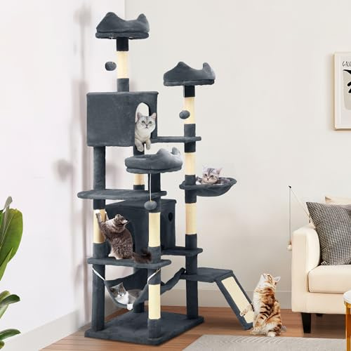 YITAHOME Grand Arbre à Chat, Grande Tour à Chat à Plusieurs Niveaux de 190 cm avec Griffoirs et Rampe en Sisal, Perchoirs en Peluche, Hamac, Condos Spacieux, Centre d'Activités pour Chaton, Gris Foncé