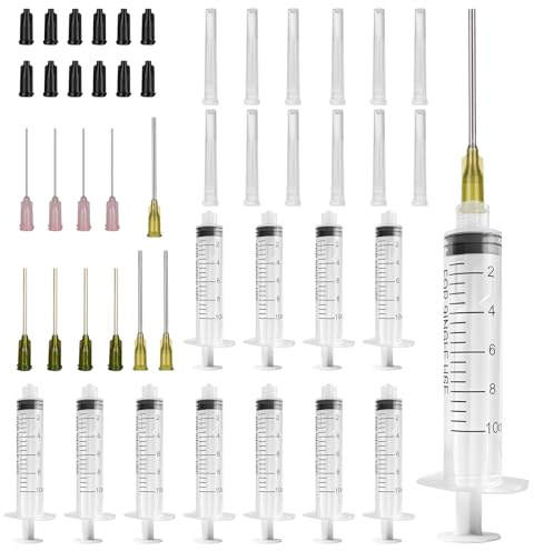 12 Stück Spritzen 10ml, Spritze mit Nadel mit 14ga 17ga 20ga Stumpfen, Plastik Spritzen mit kappe, Liquid Spritze für Wissenschaftliche Labor Flüssigkeitsmessung und Abgabe Tierfütterung