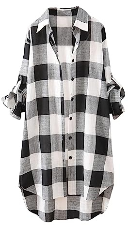 Womens Long Shirts Loose Cotton Linen Plaid Blouses Plus Size Lapel Neck Long Sleeve Checkered Tops Summer Button Down Longline Blouses Oversized Shirt for Ladies UK Low-High Hem