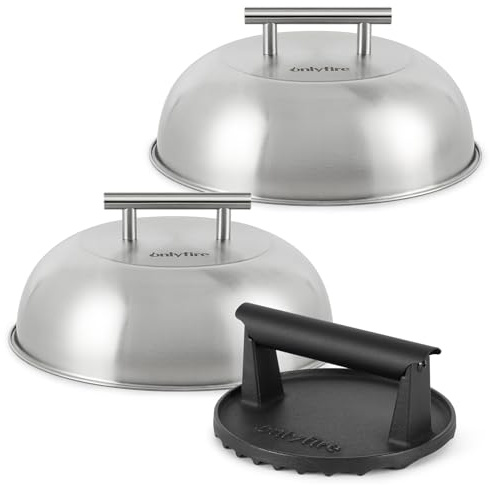 onlyfire Smash Burger Kit, Φ15.2 cm Cast Iron Smash Burger Press and 2 pcs Φ22.8 cm Cheese Melting Domes, Professional BBQ Griddle Accessories Kit for Flat Top Griddle, Teppanyaki and Camping