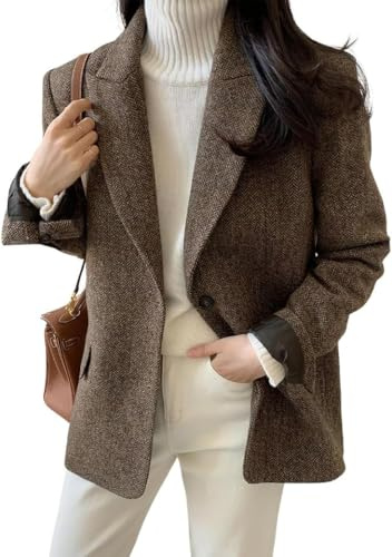 Blazer Casual da Lavoro Invernale in Misto Lana da Donna Moda Tendenza Ampia Monopetto Formale Elegante Giacca in Tweed Caldo con Risvolto Tinta Unita (caffè,S)