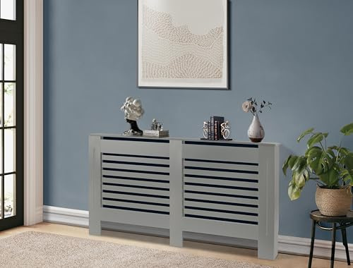 groundlevel.co.uk Grey Wooden Radiator Cover Slatted Vertical Pattern Wood Heating Covers Wood Top Shelf For Living Room Home Bedroom (152 x 82 x19cm)