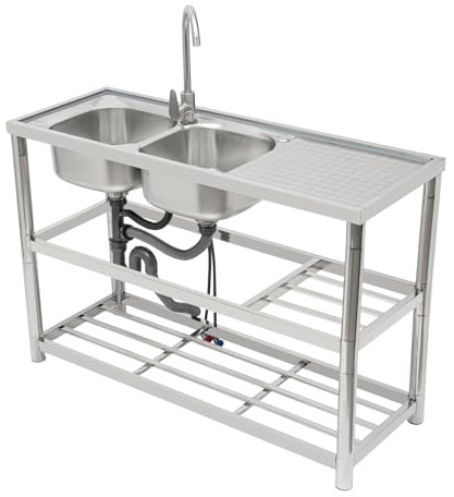 Etrhdfyts Edelstahl Spültisch 120 cm Breit mit 2 Becken und 3 Ebenen, Küche Spüle mit Unterschrank,Freistehendes Spülbecken mit Warm und Kalt-Wasserhahn, Ablauf-Schlauch, Küchenspüle