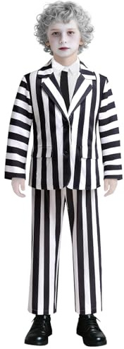 GMEDJVE Costume per Bambini Halloween Completo a Righe Bianche e Nere Set 3 Pezzi per Ragazzino Vestito da Personaggio Fantasma per Cosplay