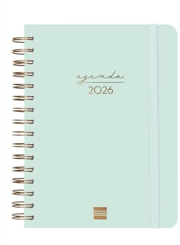 Finocam - Terminplaner Spiralbindung 2026 1 Tag pro Seite | Januar–Dezember (12 Monate) | Jahresterminplaner 2026 mit Gummiband | Doppelte Spiralbindung Festeinband Alma - Minze - International