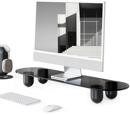 Fenge Supporto per Monitor, Rialzo Monitor con Ripiano in Legno e Gambe in Legno Massello, per Computer Portatile, Televisore, PC, Stampante, 86 cm × 23 cm × 10,3 cm, Carico di 20 kg (Nero)