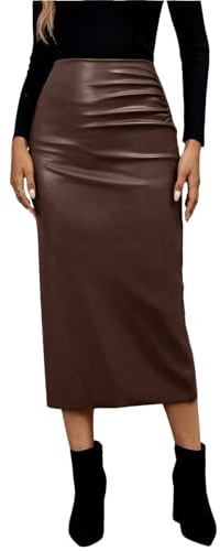 GORGLITTER Damkjol elegant PU-läderkjol midikjol konstläderkjol bodycon festkjol med slits lång grock festival outfit, Kaffebrun, M