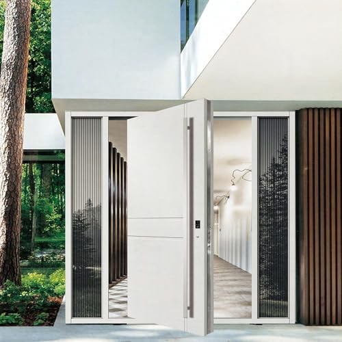Moderna puerta de entrada pivotante, puerta exterior blanca contemporánea con paneles de vidrio, diseño minimalista, mango de acero inoxidable, puerta principal residencial