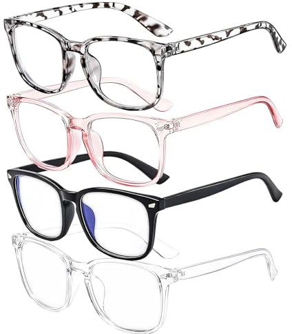 TUBAWD 4Pcs Pretend Glasses,Blue Light Glasses Clear, Fashion Eyewear for Screen Use, Pretend Glasses with Black, Clear Pink, Clear White and Leopard Print Styles