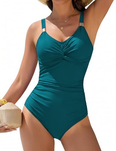 Nadeer Bañador Mujer Reductor Sexy Push up Traje de Baño de Una Pieza Nudo Torcido Cuello en V con Adornos Metálicos Swimsuit para Piscina y Playa(Verde Pavo Real,M)