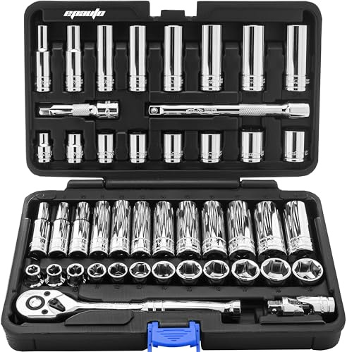 EPAuto 45 Pieces 3/8 Drive Socket Set with 72-Tooth Pear Head Ratchet