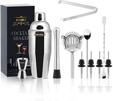 GWHOLE Set di 11 Shaker per Cocktail, Kit da Barman in Acciaio Inox con Ricette (e-Book) in Elegante Scatola Regalo