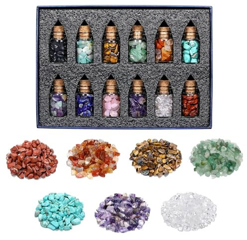 JSDDE 12er Mini Wunschflasche Set, natürliche kleine Trommelsteine, Wünschen Flaschen Edelsteine Heilsteine, Wicca Deko, Hexen Zubehör, Heilung Meditation Amulett Glücksbringer Schmuck