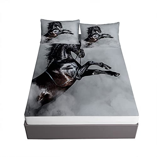 3D Cavallo Stampa Set di Lenzuola con 2 Federe, Ouduo Microfibra Lenzuolo sotto con Angoli profondità 30cm ed Elastic per Letto Singolo Matrimoniale King Size (Cavallo Grigio,120x200x30cm)